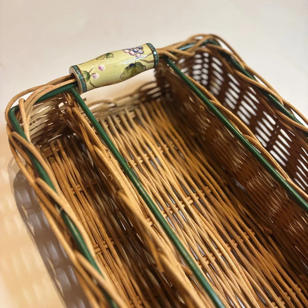 Wicker Utensil Caddy Green Ceramic Handles 4 Compartments Picnic Cottagecore